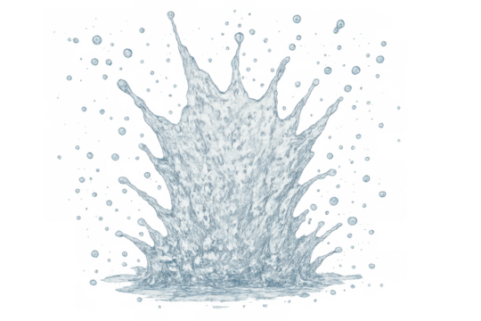 Water splash creating a crown shape with droplets and dynamic movement on a transparent background