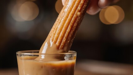 Churro being dipped into a delicious caramel sauce with blurred background.