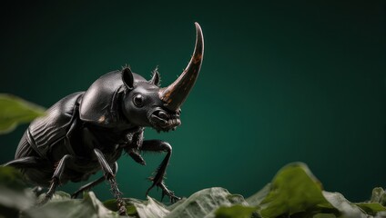 Close up of a rhinoceros beetle with a large horn on a dark green background.