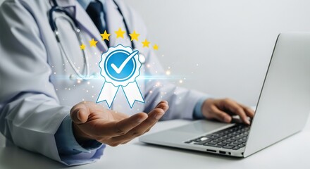 Doctor holding quality assurance badge with laptop, medical quality concept, healthcare excellence