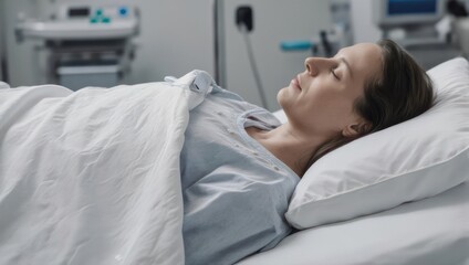 Patient resting in hospital bed with medical equipment in background.