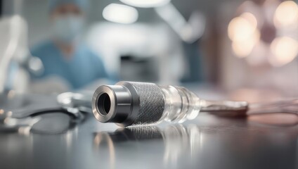 Surgical instrument close up in operating room, medical equipment.