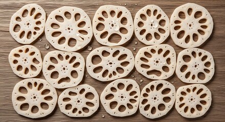 Overhead View of Sliced Lotus Root on Wooden Surface.