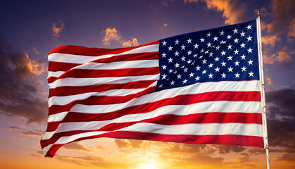 Flag of the United States Waving Proudly on a Pole Against a Golden Sunset Background