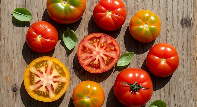 Fresh Tomatoes on Wooden Surface - A Colorful and Healthy Display.