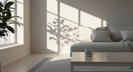 Neutral-toned lounge with natural light