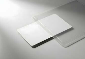 A blank white card is placed on a white surface, with a clear plastic cover slightly overlapping it, creating a minimalist composition with soft lighting and shadows