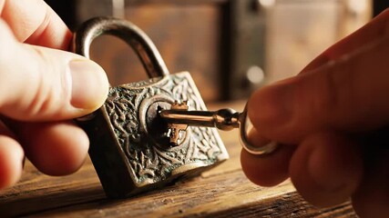 A vintage padlock being unlocked by a key, revealing the secrets of the old lock and key - Powered by Adobe