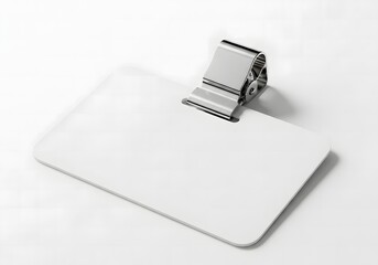 Blank white rectangular identification badge with a metal clip, isolated on white background