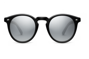 Round black sunglasses with silver grey reflective lenses, stylish eyewear accessory for summer and fashion, transparent background