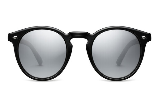 Round black sunglasses with silver grey reflective lenses, stylish eyewear accessory for summer and fashion, transparent background