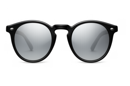 Round black sunglasses with silver grey reflective lenses, stylish eyewear accessory for summer and fashion, transparent background