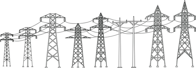 High voltage power transmission towers with electric utility lines and detailed energy grid structures for industrial engineering projects, cad drawing flat vector illustration