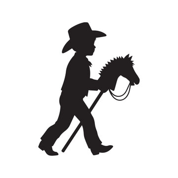 Silhouette of a little boy in a cowboy hat playing with a hobby horse. Child riding a stick horse vector icon, isolated on white background. Symbol of childhood, imagination, and play.
