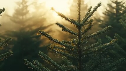 Evergreen branches backlit by golden morning sunlight filtering through mist - Powered by Adobe
