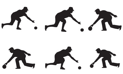 Silhouettes of people playing lawn bowls in various action poses