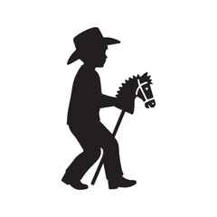Silhouette of a little boy in a cowboy hat playing with a hobby horse. Child riding a stick horse vector icon, isolated on white background. Symbol of childhood, imagination, and play.
