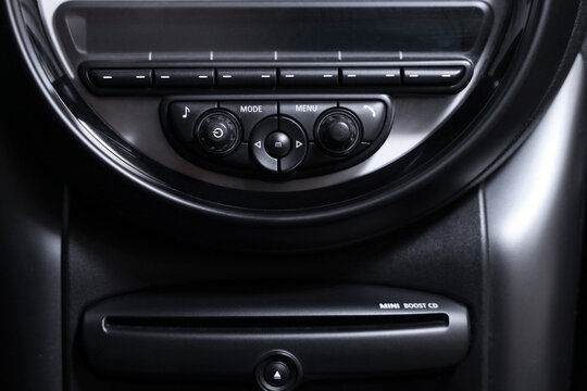 View of buttons on dashboard in modern car, closeup
