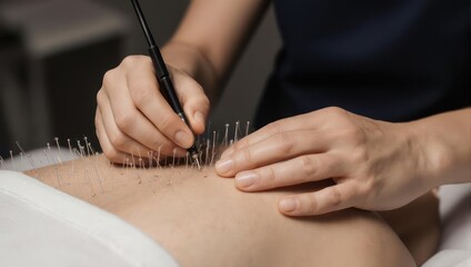 Acupuncture Treatment - Needles Inserted into Patients Back for Pain Relief.