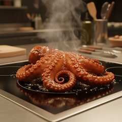 A succulent whole octopus sizzling on a modern black induction cooktop, with steam rising from the gourmet seafood delicacy as it cooks