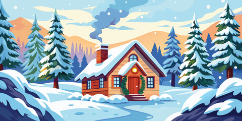 Obraz premium Winter scene vector illustration with cozy cabin in snowy landscape christmas holiday background 