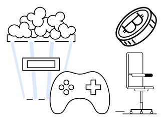 Gaming controller and popcorn symbolizing fun, with a gaming chair and coin suggesting comfort and value. Ideal for gaming, streaming, relaxation, youth activities, rewards, hobbies