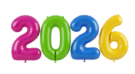 Brightly colored balloons form the year 2026 against a black background