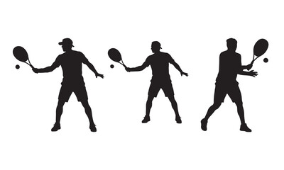 Silhouette of three men playing tennis with rackets and balls
