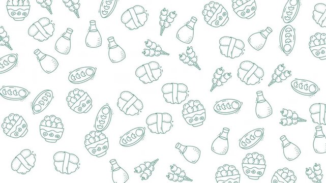 Allover pattern of different types of japanese food. Ideal for food blogs, restaurant menus, home decor, or food packaging design.