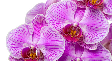Beautiful pink and purple orchid flower blossoms isolated on a white background with tropical phalaenopsis petals, stem, and branch closeupBeautiful pink and purple orchid flower blossoms isolated