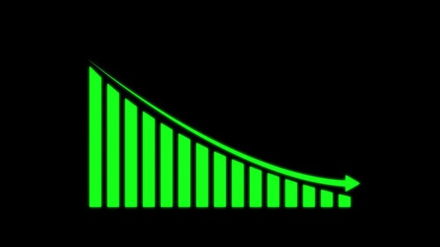 Falling Chart with Arrow Animation, Animated Financial Crisis Chart with Trend Line Graph, Down business graph icon animation on black background.footage of Graph showing fluctuate downward trend.4k