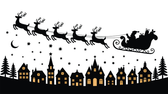 Christmas silhouette scene with santa flying in a sleigh pulled by reindeer over a festive village, perfect for holiday designs, winter artwork, seasonal decoration and creative projects