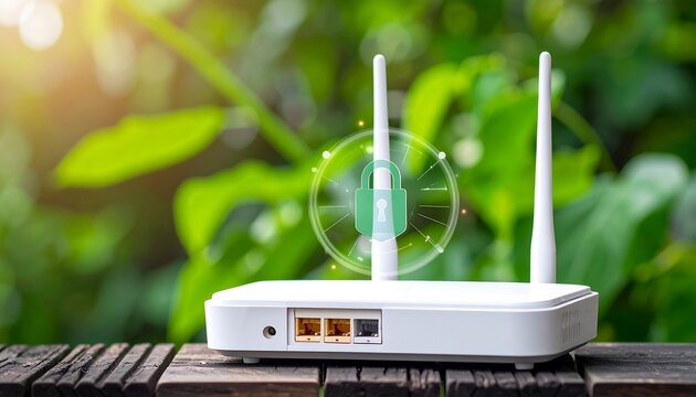 A white wireless networking device, with two antennas, sits on a wooden surface in front of green foliage with a digital padlock overlay