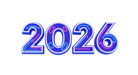 Bright neon glowing numbers 2026 in blue and purple on black background