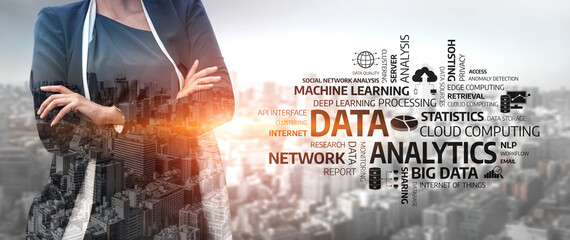 A business professional stands confidently in front of a city skyline, symbolizing the growth and power of data analytics and technology in the modern world. Tessel