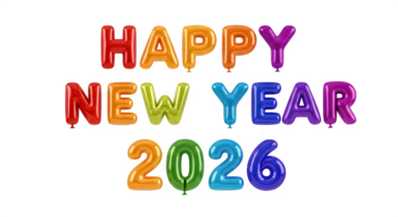 Colorful rainbow balloon letters spell happy new year 2026 against a black background