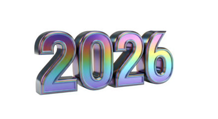 Holographic iridescent 3d numbers spelling out 2026 with a percentage sign on a black background