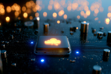 A close-up view of a microchip illuminated with a glowing icon, surrounded by a circuit board and soft bokeh lights in the background.
