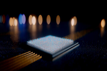 A futuristic microchip illuminated by colorful lights, set against a dark background, showcasing intricate designs and technological innovation.