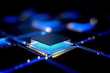 A close-up view of a microchip illuminated with blue light, showcasing intricate circuits and a modern technology aesthetic.
