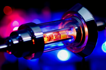 A close-up of a glowing glass tube with vibrant colors, showcasing intricate details and a futuristic design.