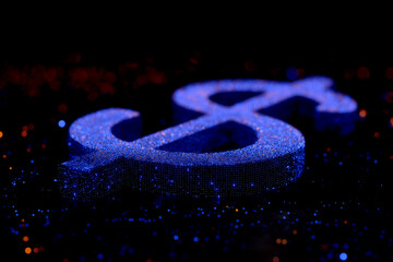 A glimmering, blue-lit symbol resembling currency shines against a dark background, surrounded by sparkling dots of light.