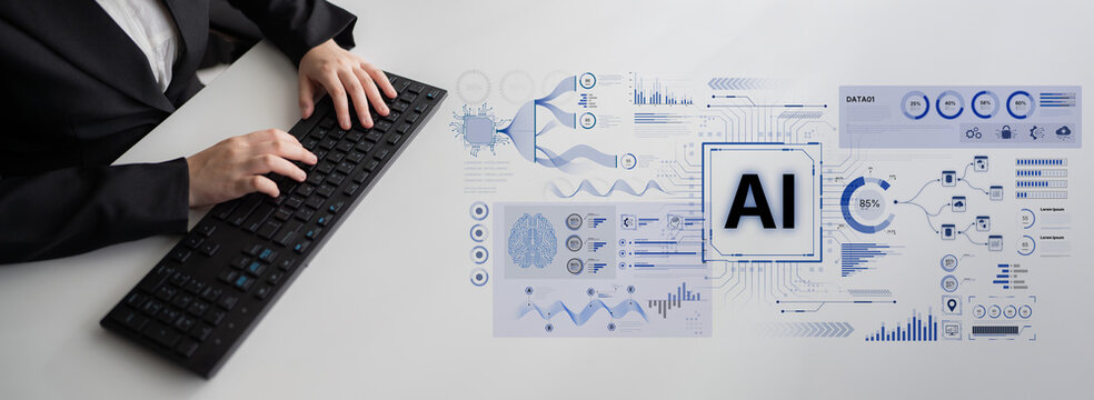 A futuristic AI dashboard for business intelligence. This platform showcases advanced data analytics, processing complex information into visual charts and graphs for strategic insights. Fermion