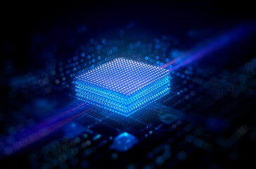A glowing blue microchip on a dark circuit board, symbolizing advanced technology and digital innovation.
