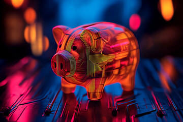 A vibrant, illuminated piggy bank with a circuit board design, symbolizing technology and finance in a modern context.