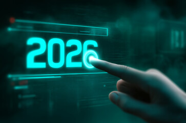 A futuristic interface displays the year 2026, with a hand poised to interact, suggesting technology and forward-thinking concepts.