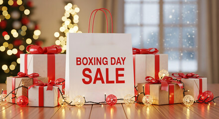A festive shopping bag marked with boxing day sale is placed by an array of wrapped gifts and illuminated with warm fairy lights, evoking holiday ... See More