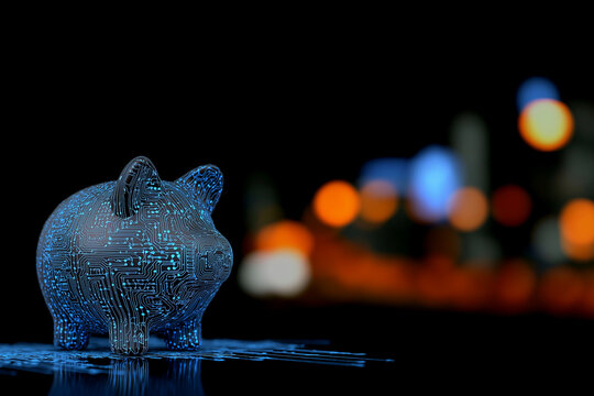 A digital piggy bank illuminated against a blurred city backdrop, symbolizing savings and financial technology.