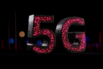 A vibrant depiction of "5G" illuminated against a dark backdrop, emphasizing the futuristic technology and connectivity associated with fifth-generation mobile networks.