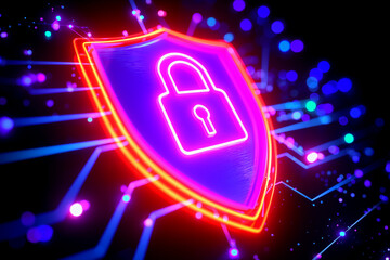 A vibrant digital illustration featuring a shield with a padlock, symbolizing cybersecurity and protection against online threats.